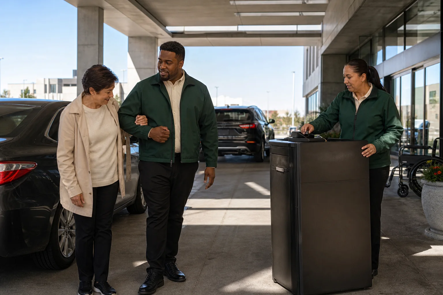 Uniformed valet attendants assisting a visitor in a modern property arrival lane