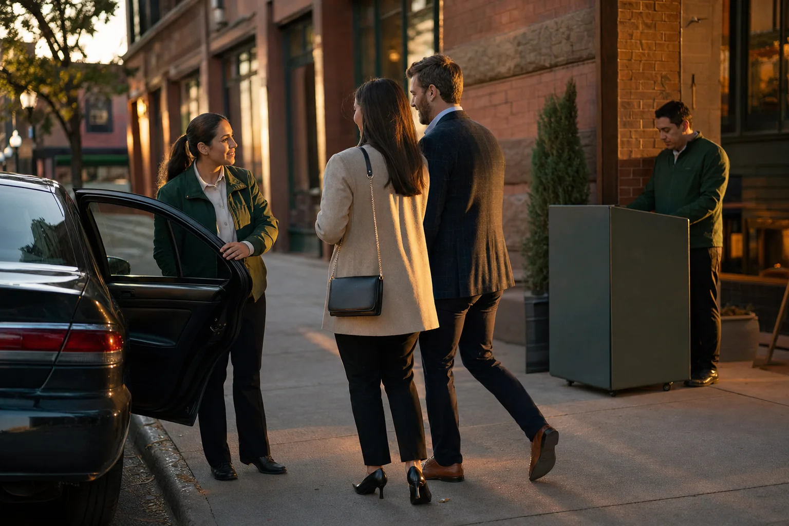 A uniformed valet greeting dinner guests beside a car at a Denver restaurant entrance