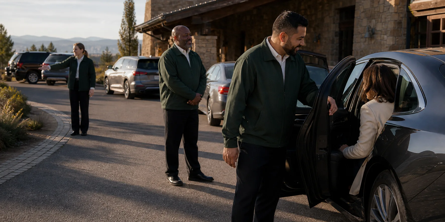 Valet Denver attendants welcoming guests beside arriving vehicles at a Colorado event venue