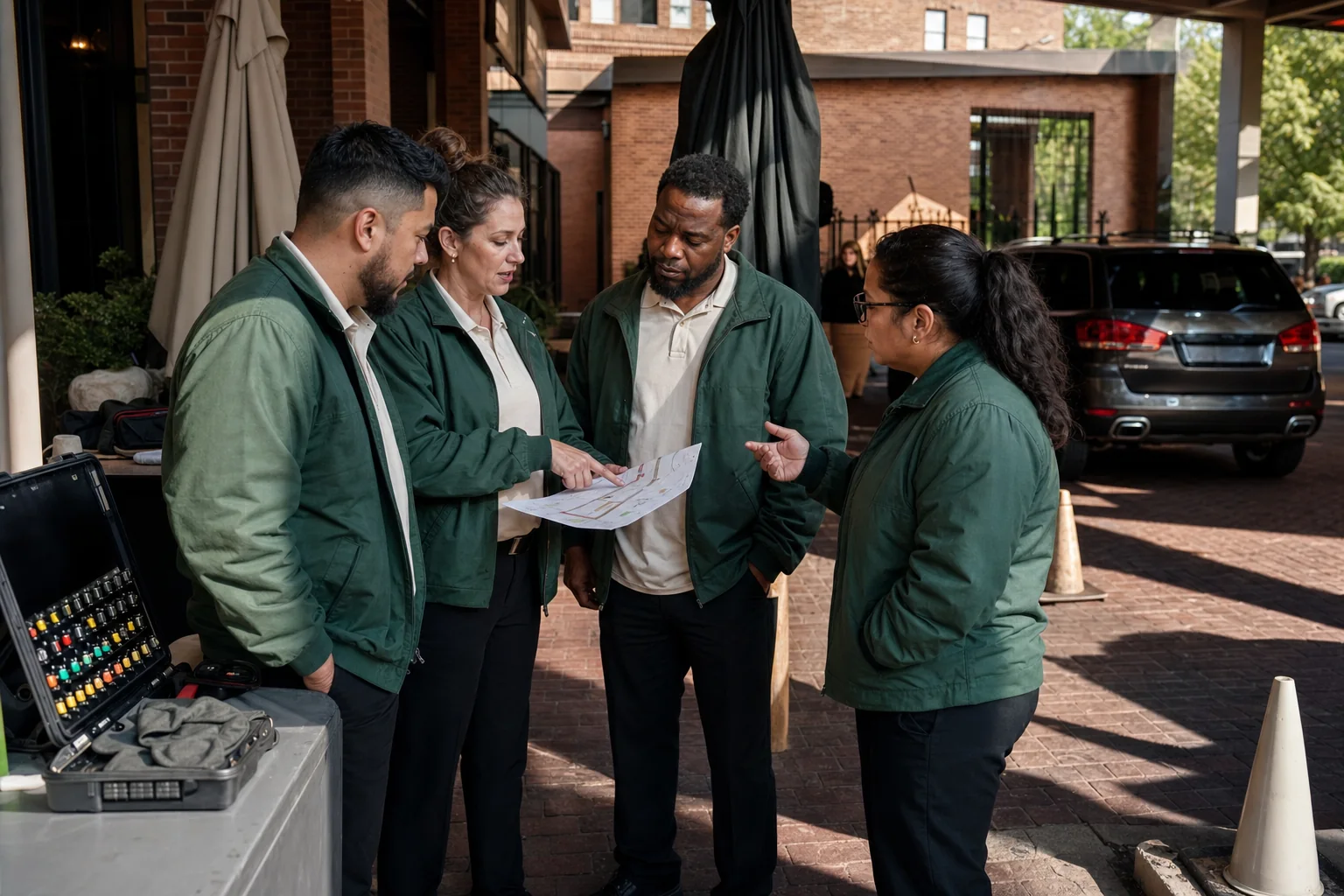 Four uniformed Valet Denver attendants reviewing a site diagram beside their equipment